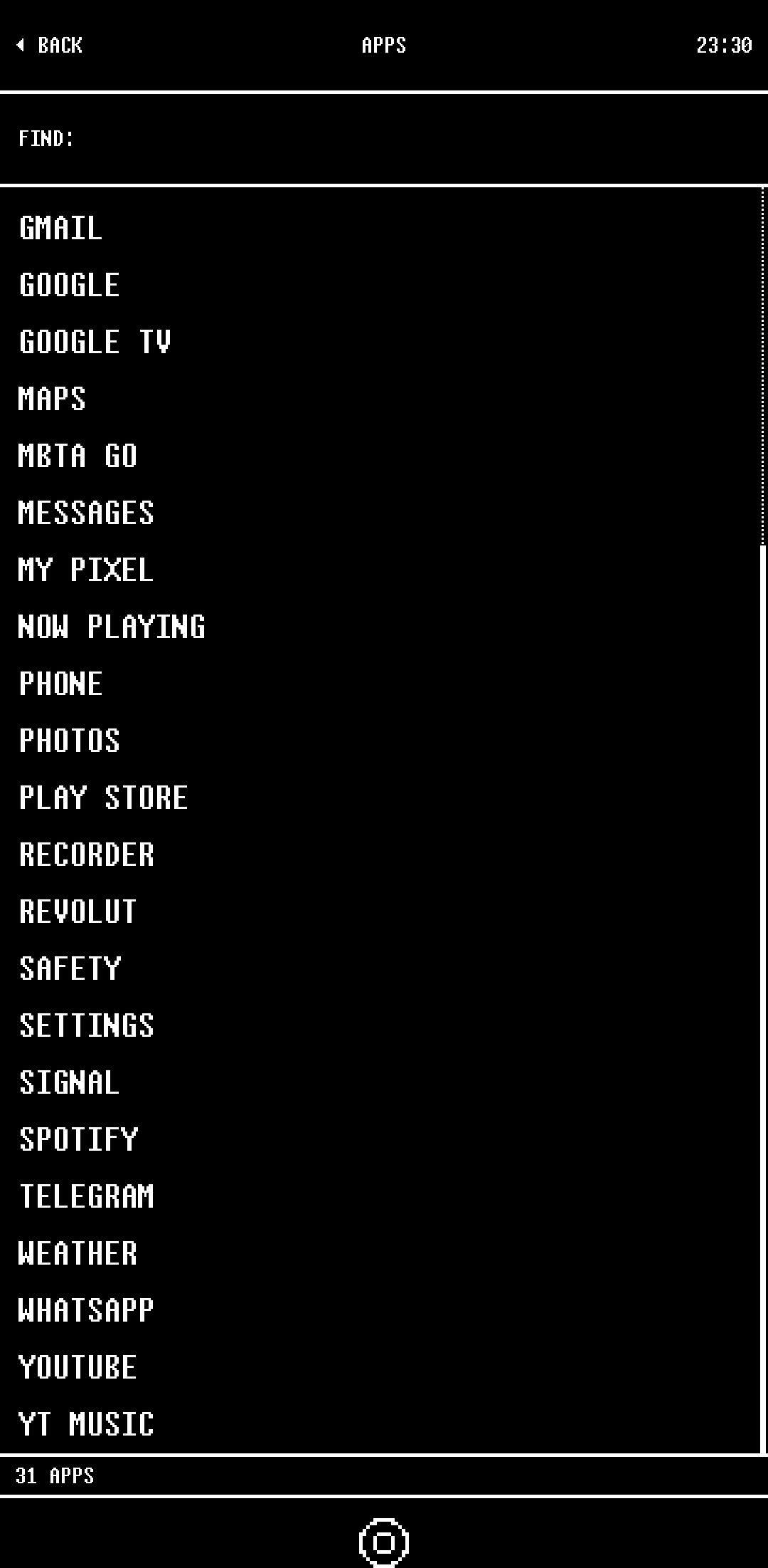 The apps row opened on Android at night: every other app on the phone as a plain list of names, from Gmail to YouTube Music.