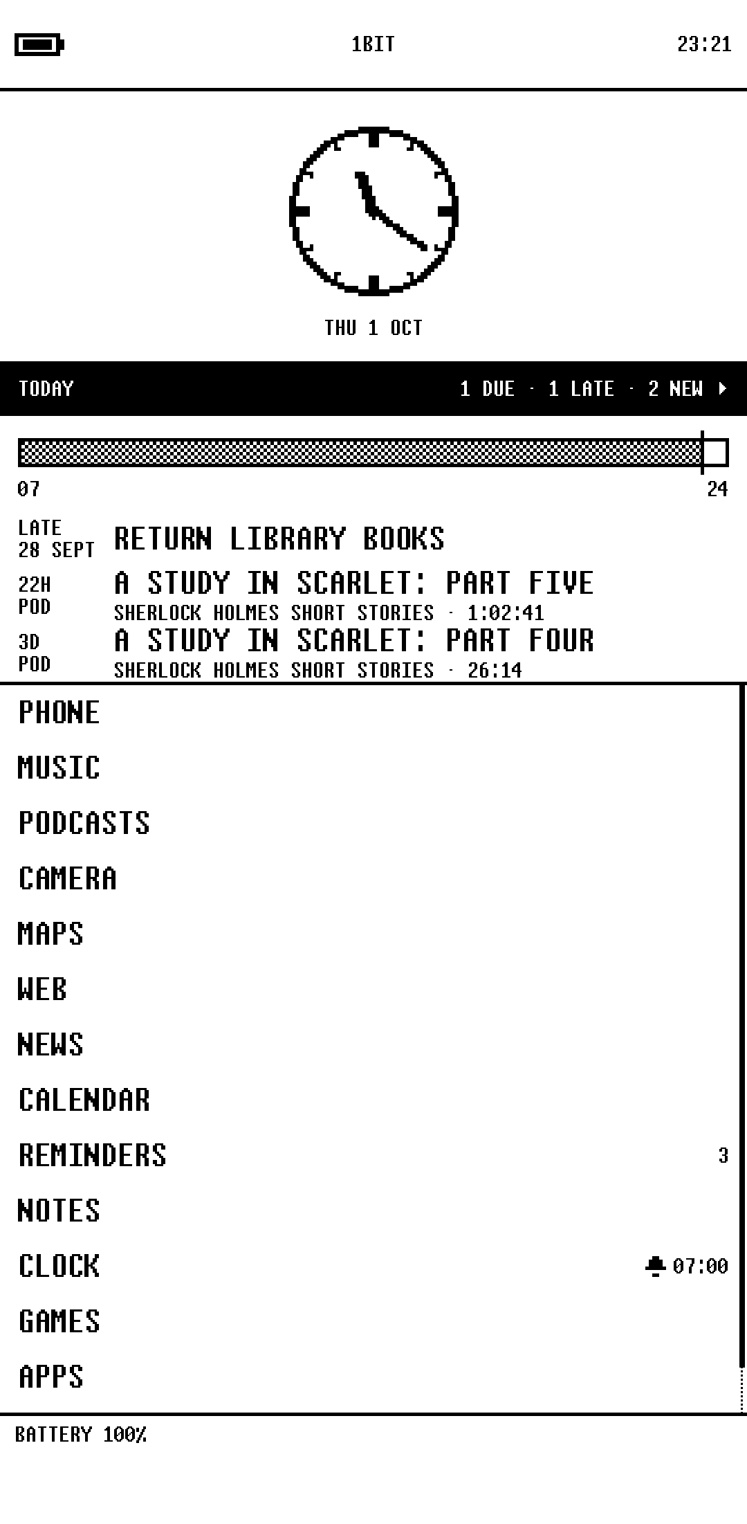 1bit as the home screen of an Android phone: a clock, today's reminders and podcasts, and the list of features from phone to apps, in black and white.