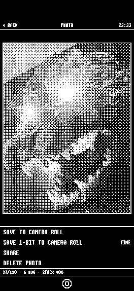 A photograph opened in 1bit: a snarling animal rendered in black and white pixels, with save and share actions below.