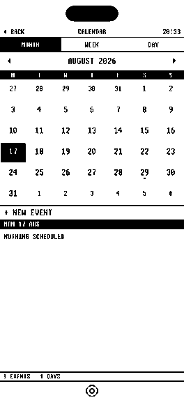 A month view in 1bit for iPhone: a black and white grid with today inverted, above the day's events.