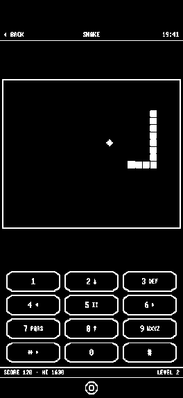 Snake running in 1bit on iPhone, played on a black and white grid above a drawn Nokia style keypad.