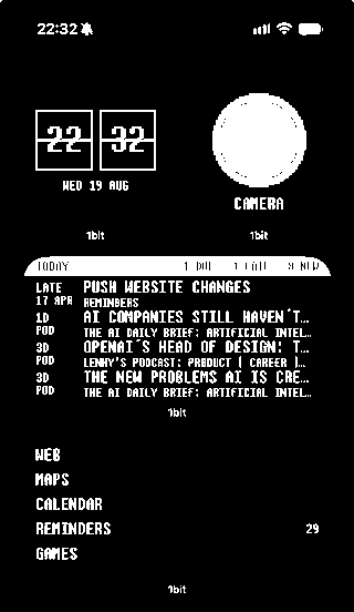 An iPhone home screen with black wallpaper carrying only 1bit widgets: a split flap clock, a camera button, today's reminders and podcasts, and the launcher list.