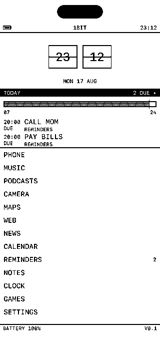The 1bit launcher on an iPhone: a split flap clock, today's reminders and a list of features, black on white.