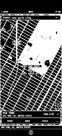 A city map in 1bit for iPhone, drawn in black and white pixels, with a search field.