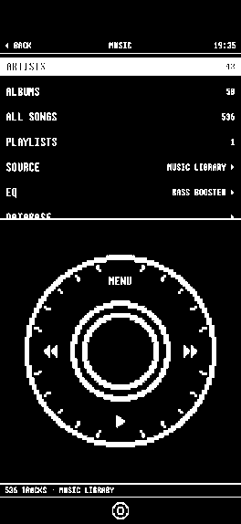 The 1bit music player on iPhone, with artists and albums above a drawn click wheel.