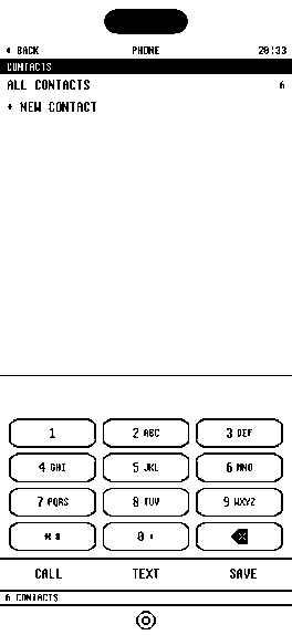 The 1bit phone screen on iPhone: a black and white contacts list above a keypad drawn in pixels.