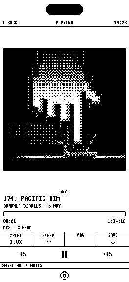 A podcast playing in 1bit: black and white artwork above a scrub bar and transport controls.