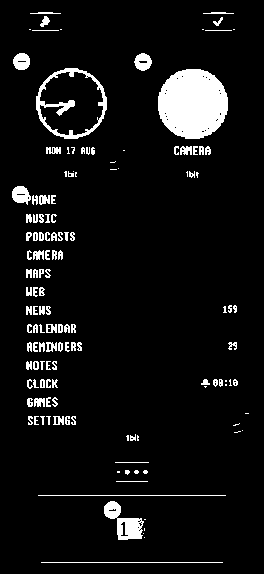 An iPhone home screen in jiggle mode carrying the 1bit clock, button and launcher widgets.