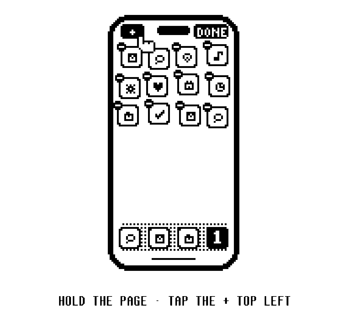 A drawn phone held in jiggle mode, its icons loose and a finger on the + in the top left corner.