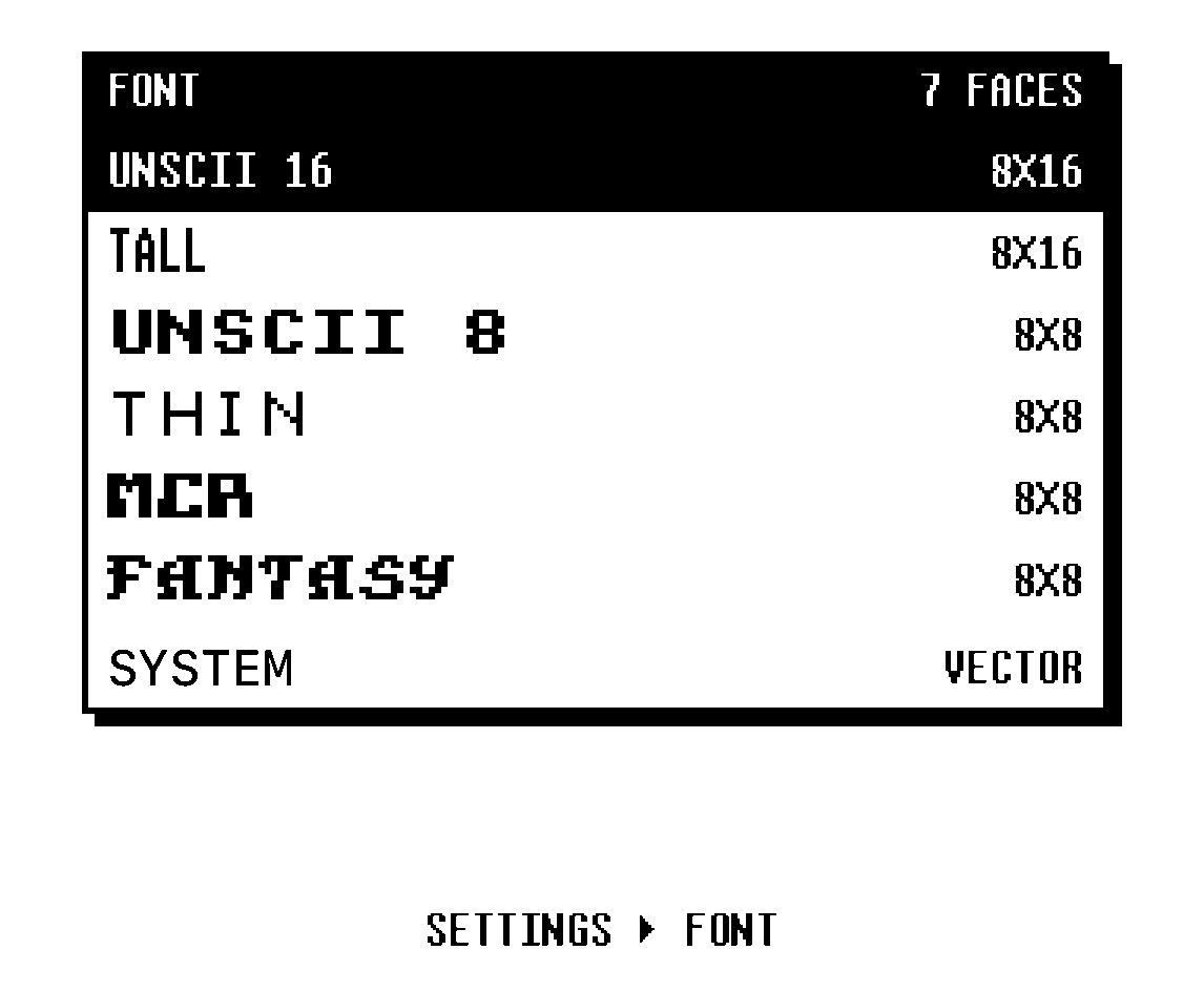 The font list drawn as a card, every pixel face written in its own letters.