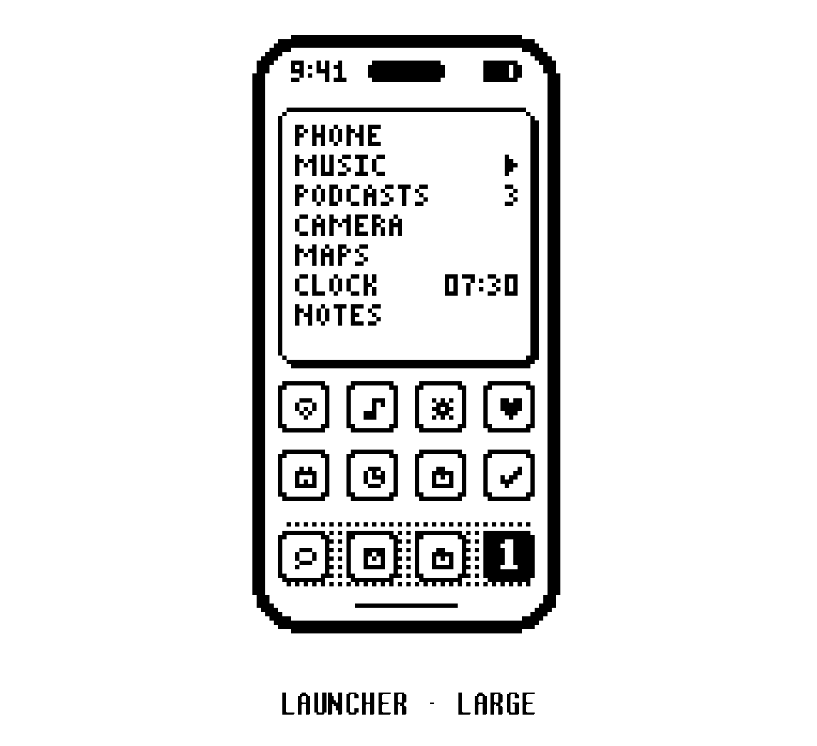 A drawn home screen with the large launcher widget on top, listing phone, music, podcasts and the next alarm beside clock.