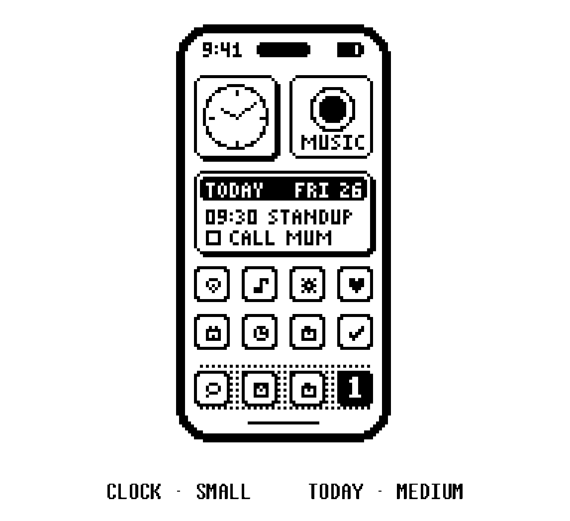 A drawn home screen with a small dial clock, a button widget and a medium today widget showing a standup and a reminder.