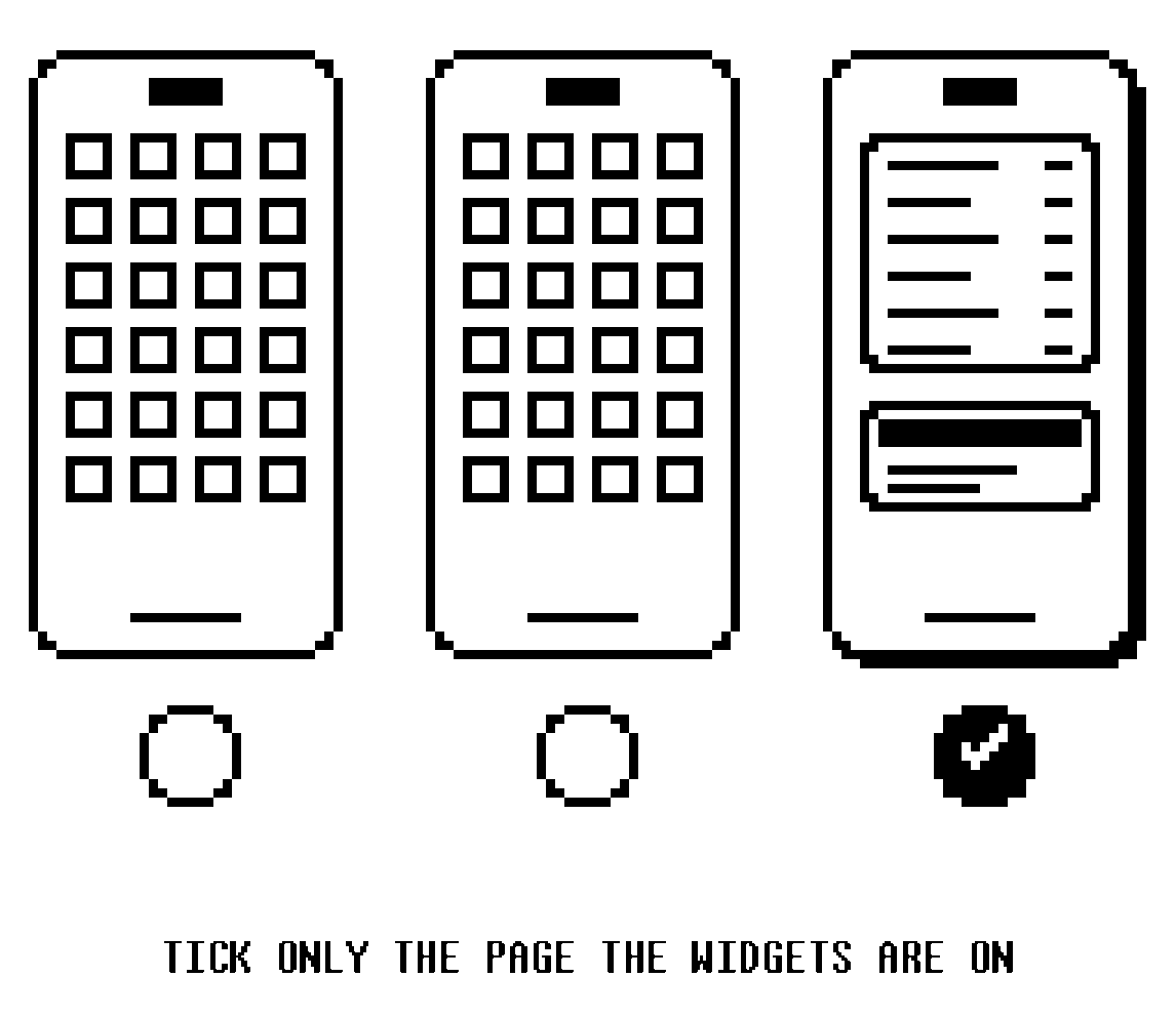 Three drawn home screen pages; only the one carrying the widgets is ticked.