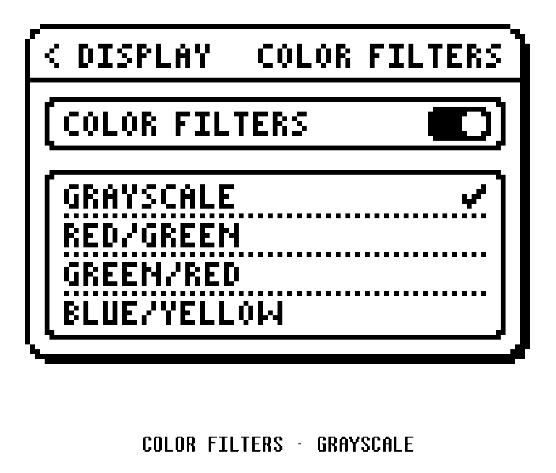 A drawn Color Filters page with the switch on and Grayscale ticked.