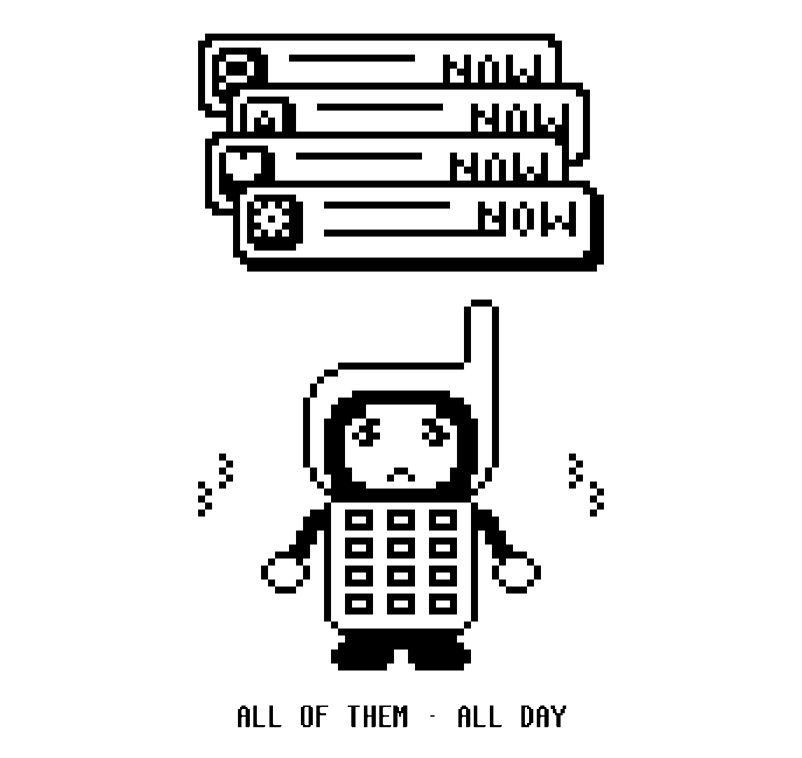 A stack of notification banners piled on BIT, the app's little phone mascot, with buzz marks either side of him.