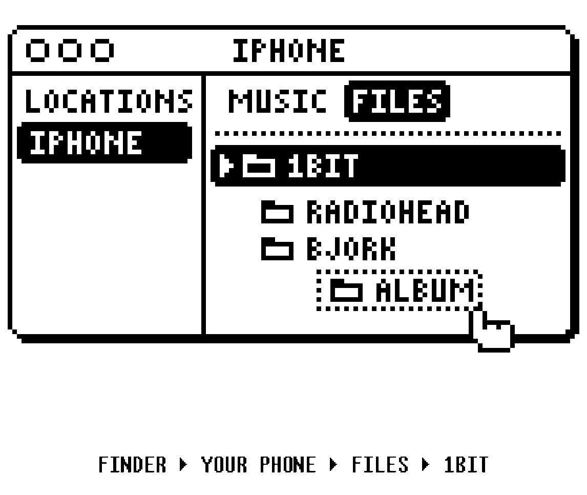 A drawn Finder window with the phone's Files tab open and an album being dropped into the 1bit folder.